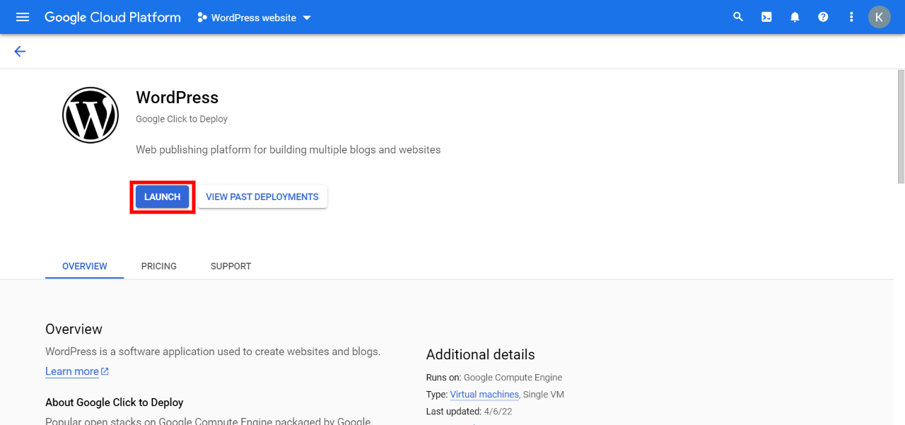 Inicie su sitio de WordPress en el alojamiento de Google Cloud. 