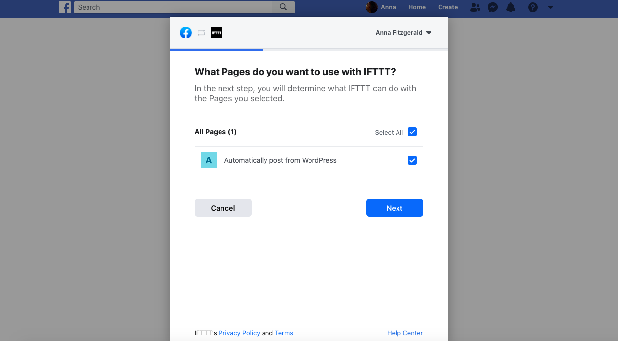 publicación automática en facebook: seleccione o cree una página