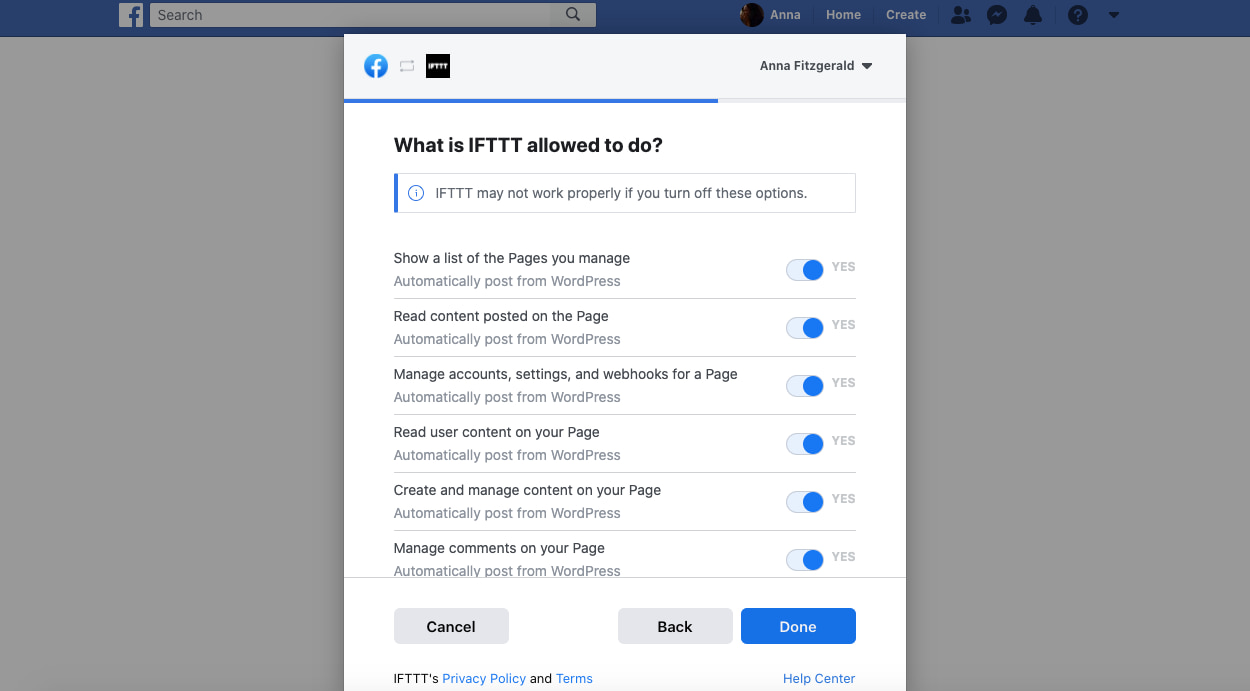 publicación automática en Facebook: ver términos y condiciones