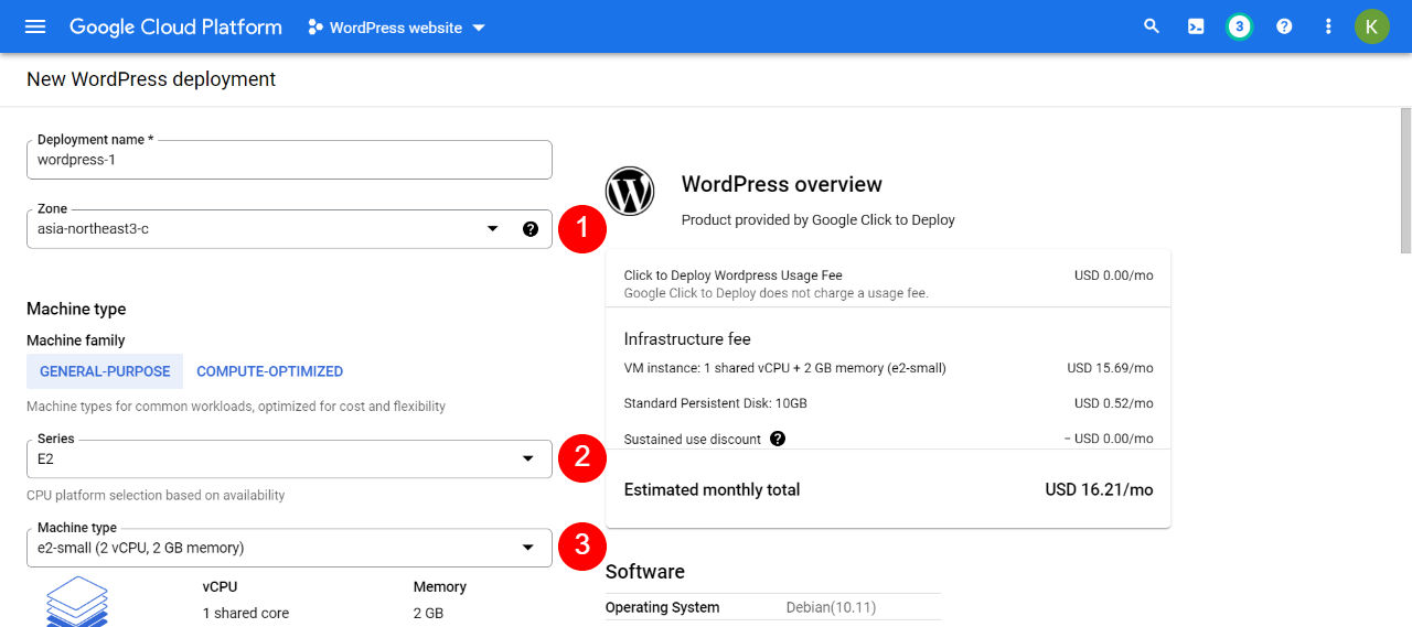 Configuración de la implementación de WordPress en Google Cloud.