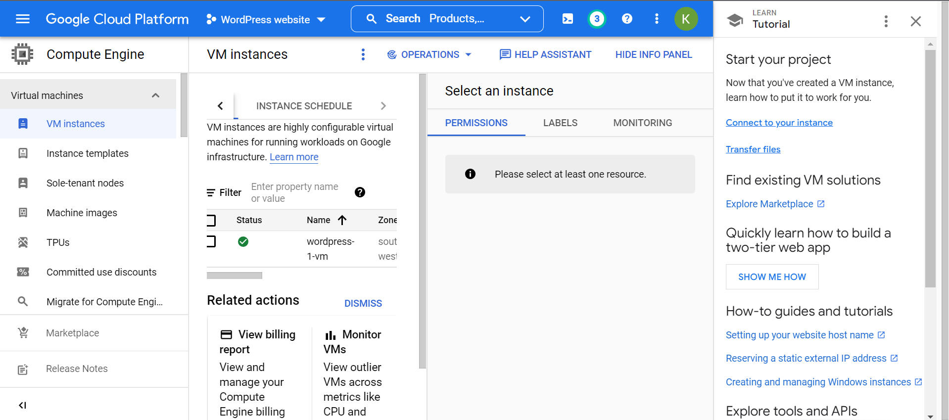 Instancias de máquinas virtuales en la consola de Google Cloud. 