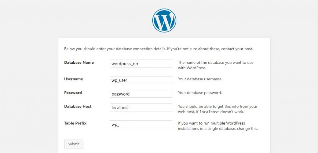 configuración de wordpress de base de datos