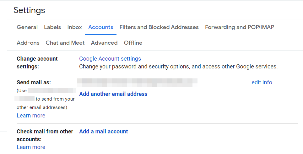 Cuentas y página de importación en la configuración de Gmail