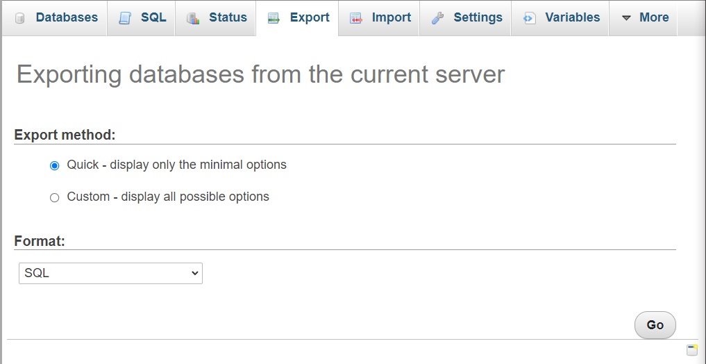Exportación de base de datos en phpMyAdmin