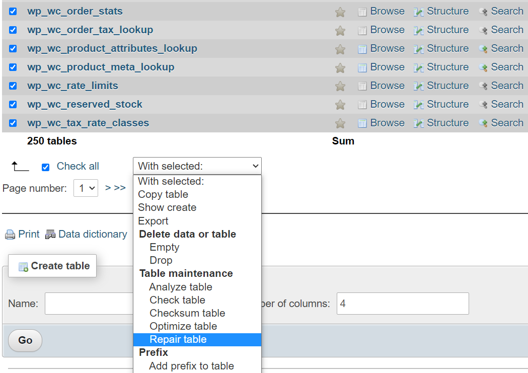 Reparación de la tabla de la base de datos de WordPress usando phpMyAdmin