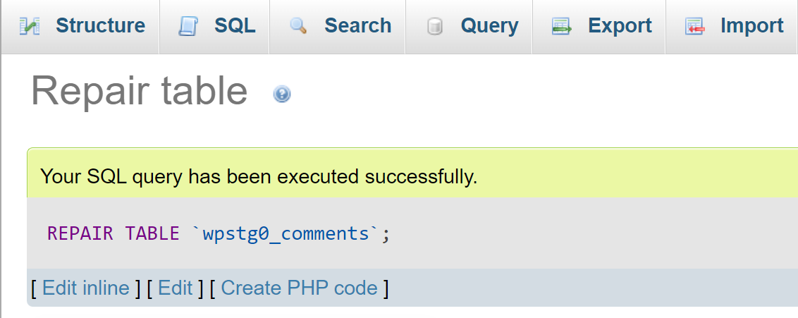 Mensaje de éxito en phpMyAdmin después de reparar la tabla