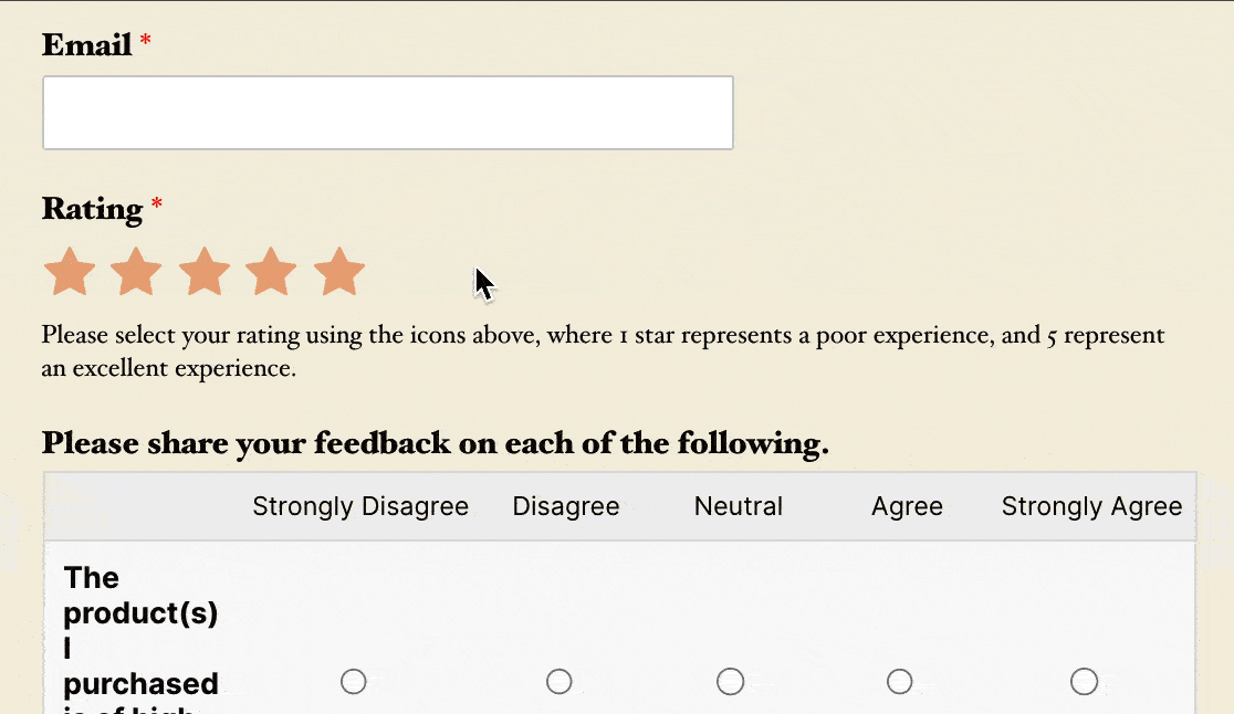 La siguiente pregunta en la encuesta cambia según la calificación de estrellas usando la lógica condicional incorporada de WPForms