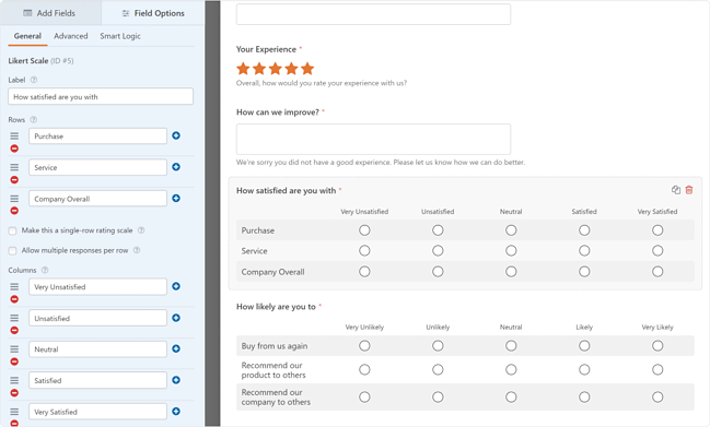 Encuesta creada con Likert Scale con el complemento WPForms