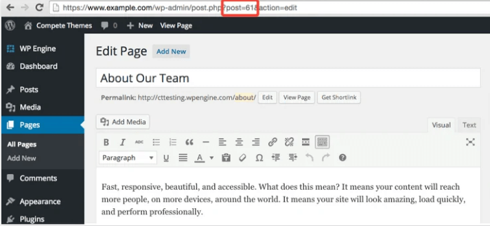 La URL consta del ID de la página.