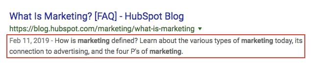 La meta descripción de un blog de HubSpot contiene tres veces la palabra clave