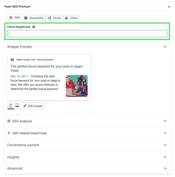 Concéntrese en el campo de entrada de palabras clave en el metabox del complemento Yoast SEO Premium 