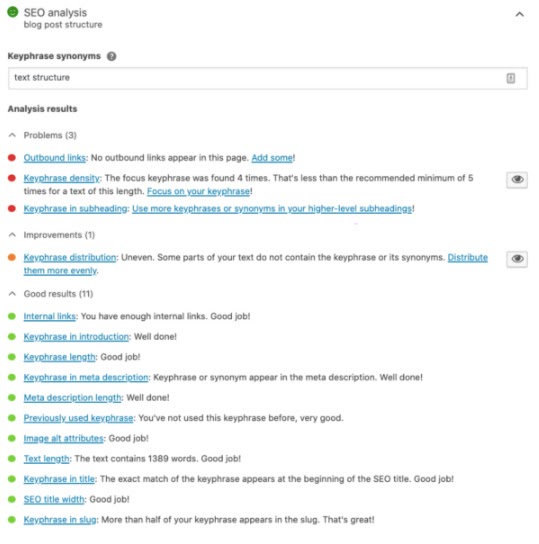 Publicación de blog Resultados del análisis SEO analizados por el complemento premium Yoast SEO