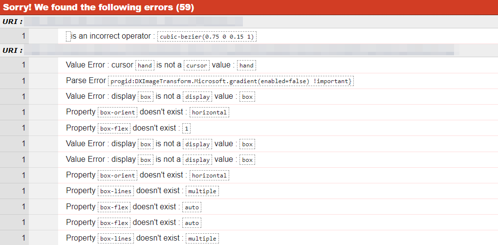 Los resultados generados por el validador CSS