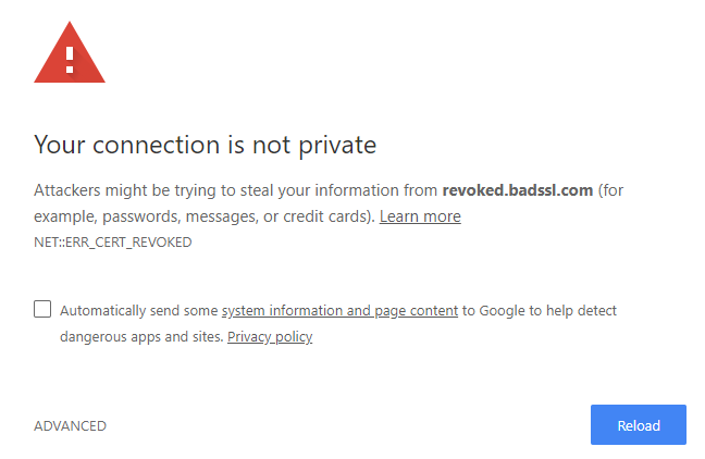 mensaje de advertencia del navegador que indica que el certificado SSL ha sido revocado