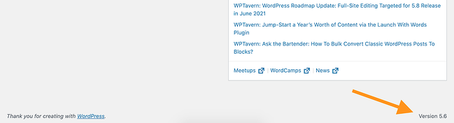 número de versión de wordpress en la esquina inferior de la interfaz de administración