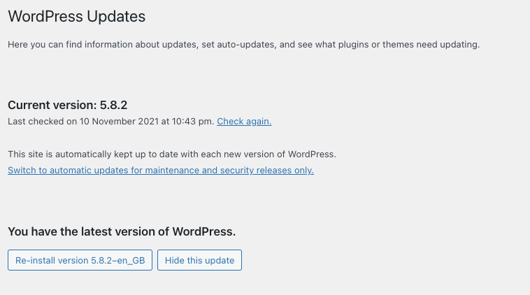 Comprobación de la versión de wordpress: pestaña de actualización