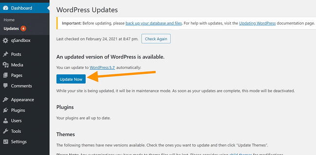 Cómo actualizar manualmente WordPress usando el Panel: haga clic en Actualizar ahora
