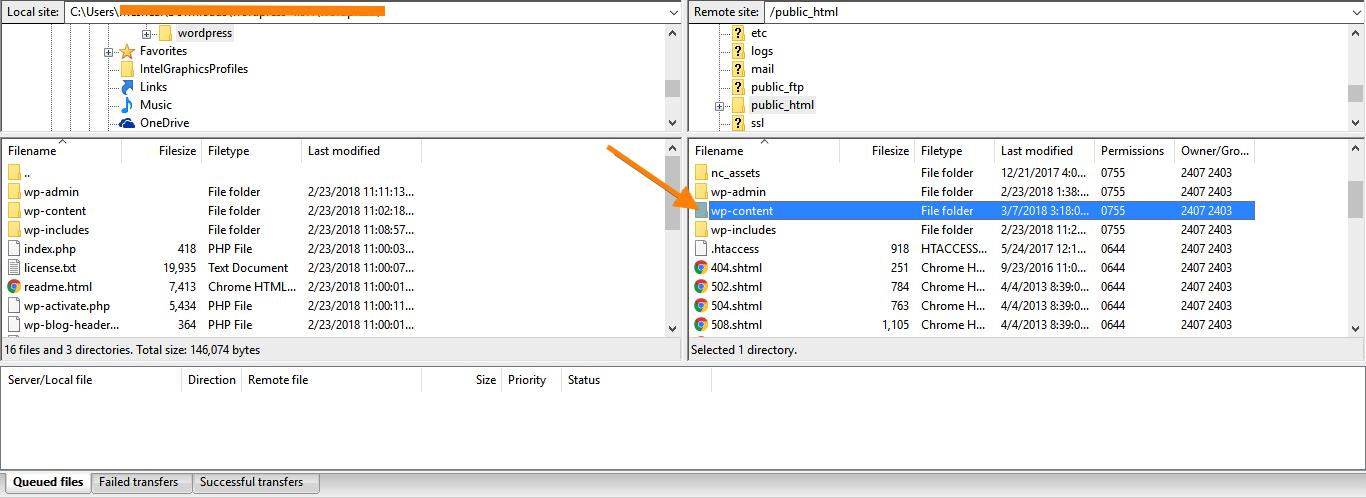Cómo actualizar manualmente WordPress a través de FTP: haga clic en la carpeta wp-content