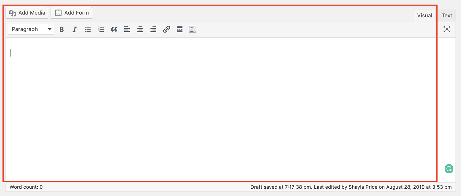 un ejemplo de un editor visual de WordPress