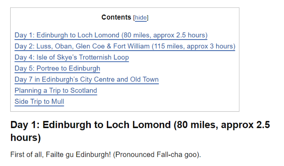 Tabla de contenido en la publicación del blog.