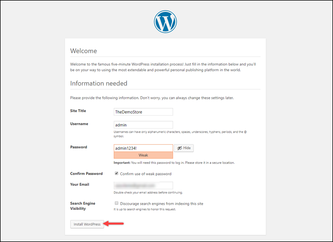 el formulario que rellenas al instalar wordpress 