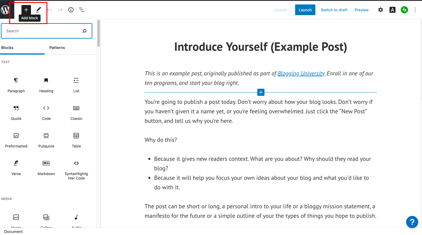 subir el archivo html a wordpress: Agregar un bloque de WordPress