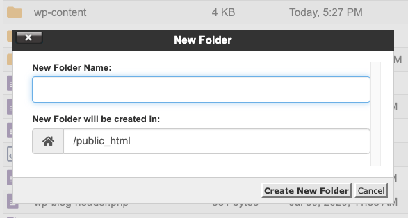 subir archivo html a wordpress: crear una nueva carpeta en cpanel