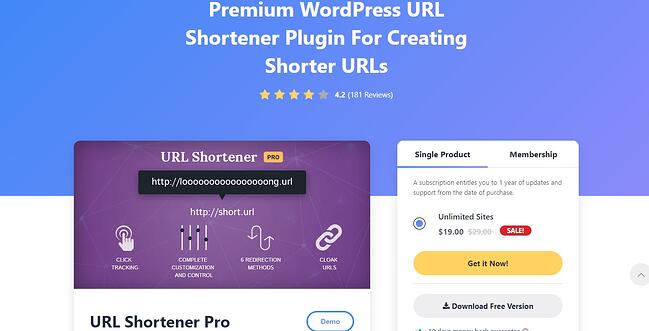 página del producto para wordpress url shortener plugin por mythemeshop