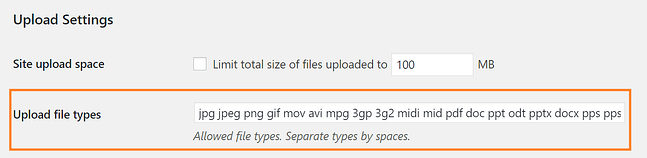 Agregar tipos de archivos permitidos en la configuración de carga de la instalación multisitio de WordPress