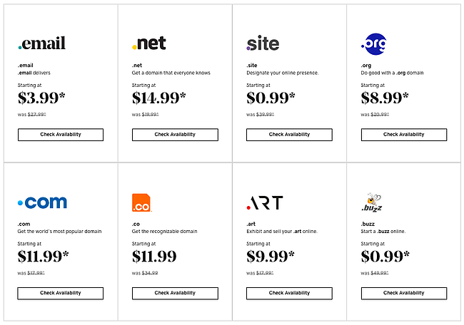 Precios de GoDaddy para varias extensiones de registro de dominio personalizadas