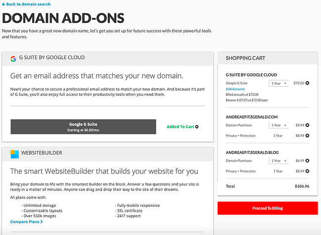 Cómo obtener su propio dominio: agregar complementos de dominio personalizados durante el proceso de pago en dominio.com