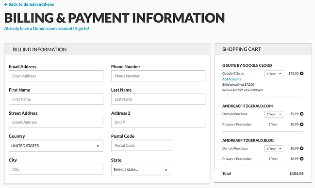 Cómo obtener su propio dominio: ingrese su información de facturación y pago para obtener un dominio personalizado en dominio.com