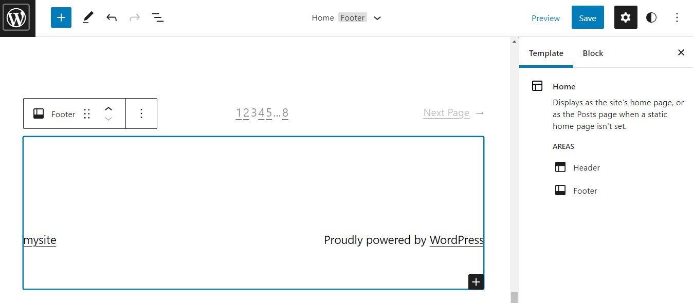 Edición del pie de página en el editor de temas de WordPress