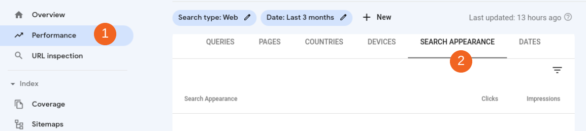 La pestaña Apariencia de búsqueda del Informe de rendimiento de Google Search Console.