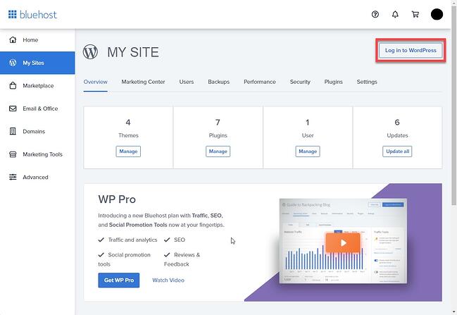 Inicio de sesión de WordPress de Bluehost