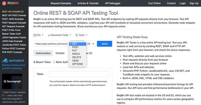 prueba de llamadas a la API: seleccione el método GET