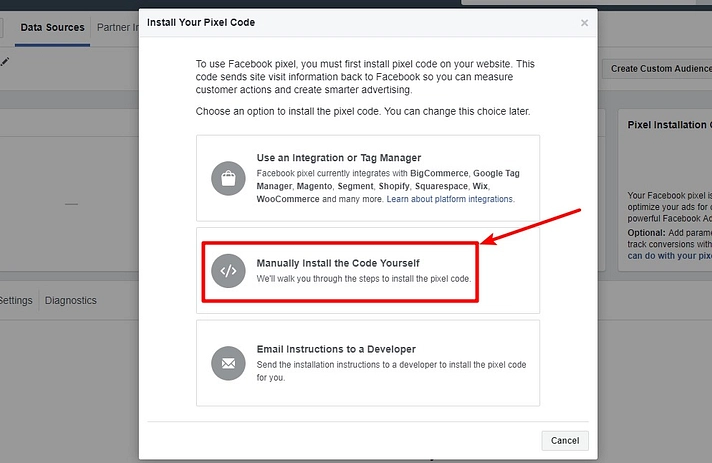 pantalla de wordpress de píxel de Facebook que le solicita que instale manualmente el código de píxel
