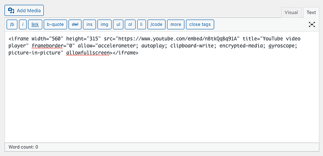 editor de texto clásico en wordpress con código iframe