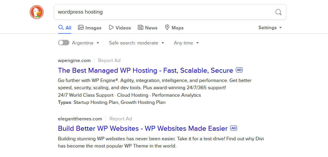Ejemplo de anuncios de DuckDuckGo