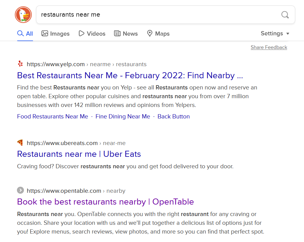 Ejemplos de resultados basados ​​en ubicación en DuckDuckGo