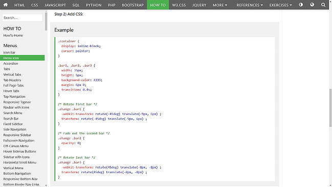 tutorial del botón de hamburguesa de w3schools: código css