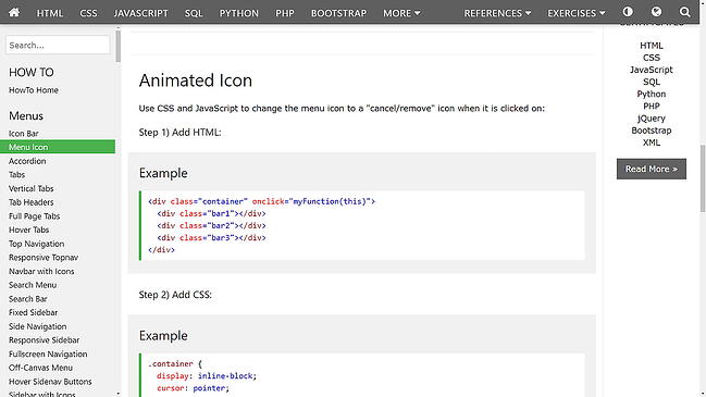tutorial del botón de hamburguesa de w3schools: código html