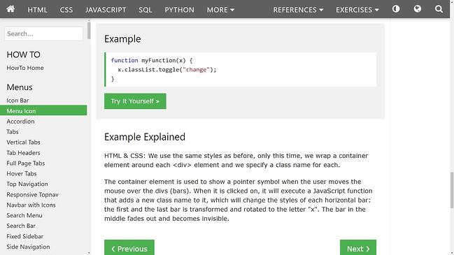 tutorial de botón de hamburguesa del código javascript w3schoolsL