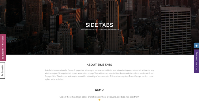 página del producto para las pestañas laterales del plugin de wordpress
