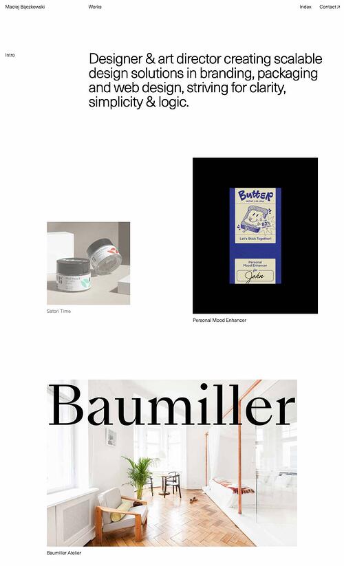 El portafolio minimalista de Maciej Bączkowski utiliza una gran cantidad de espacios en blanco y colores en blanco y negro.