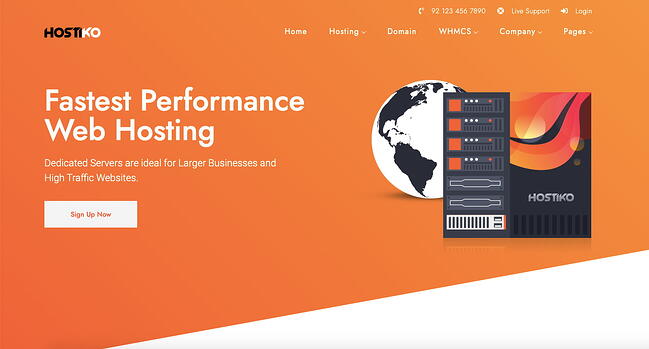 Demostración de alojamiento Hostiko WordPress con fondo naranja