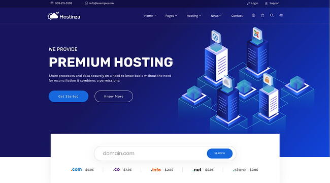 La demostración predeterminada del tema de WordPress alojado en Hostinza incluye un cuadro de búsqueda de nombre de dominio
