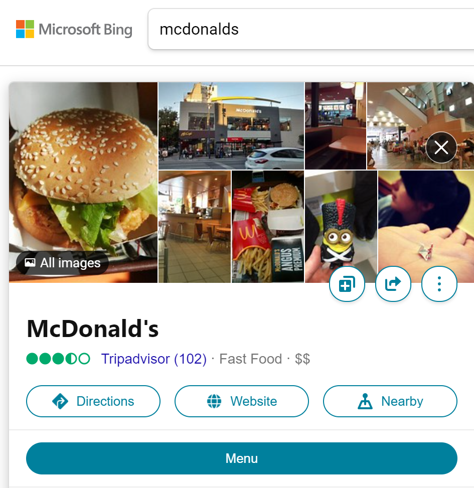 Un ejemplo de una empresa que usa Bing Places para Bing SEO. 