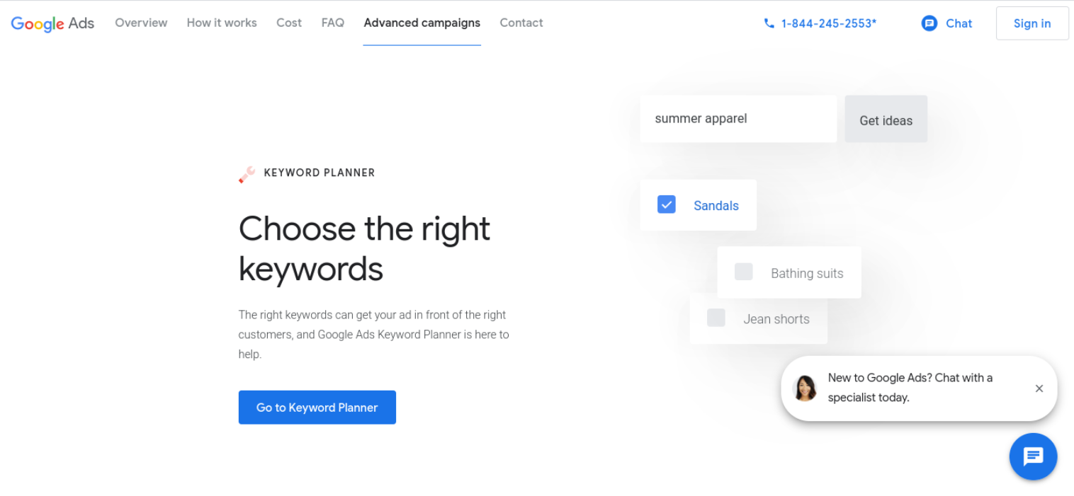 Sitio del planificador de palabras clave de Google.