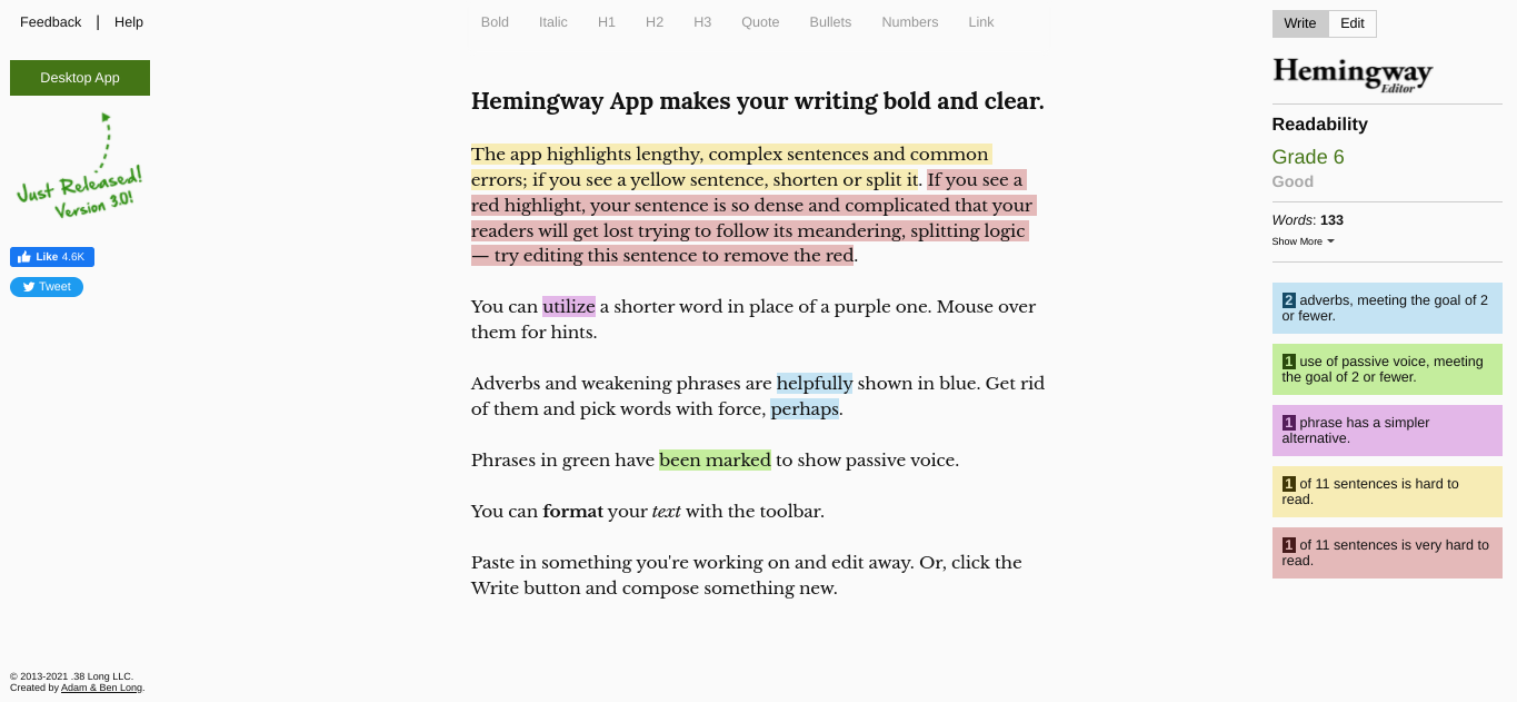 La aplicación Hemingway puede ayudarlo a lograr el mejor recuento de palabras para fines de SEO. 